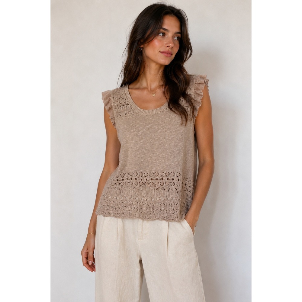 Crochet Knit Top Large Taupe Ruffle Sleeve Lace Fairy Romantic Cottagecore Boho